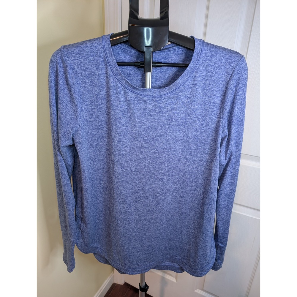 Athleta Uptempo Long Sleeve Top Women L Blue Heathered Thumbhole Curved Hem